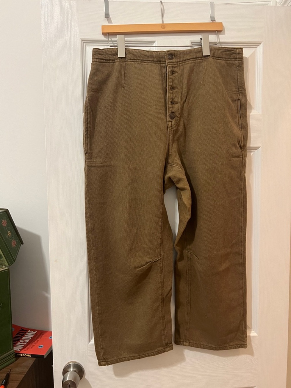 Free People Men's Olive Brown Button-Fly Chinos